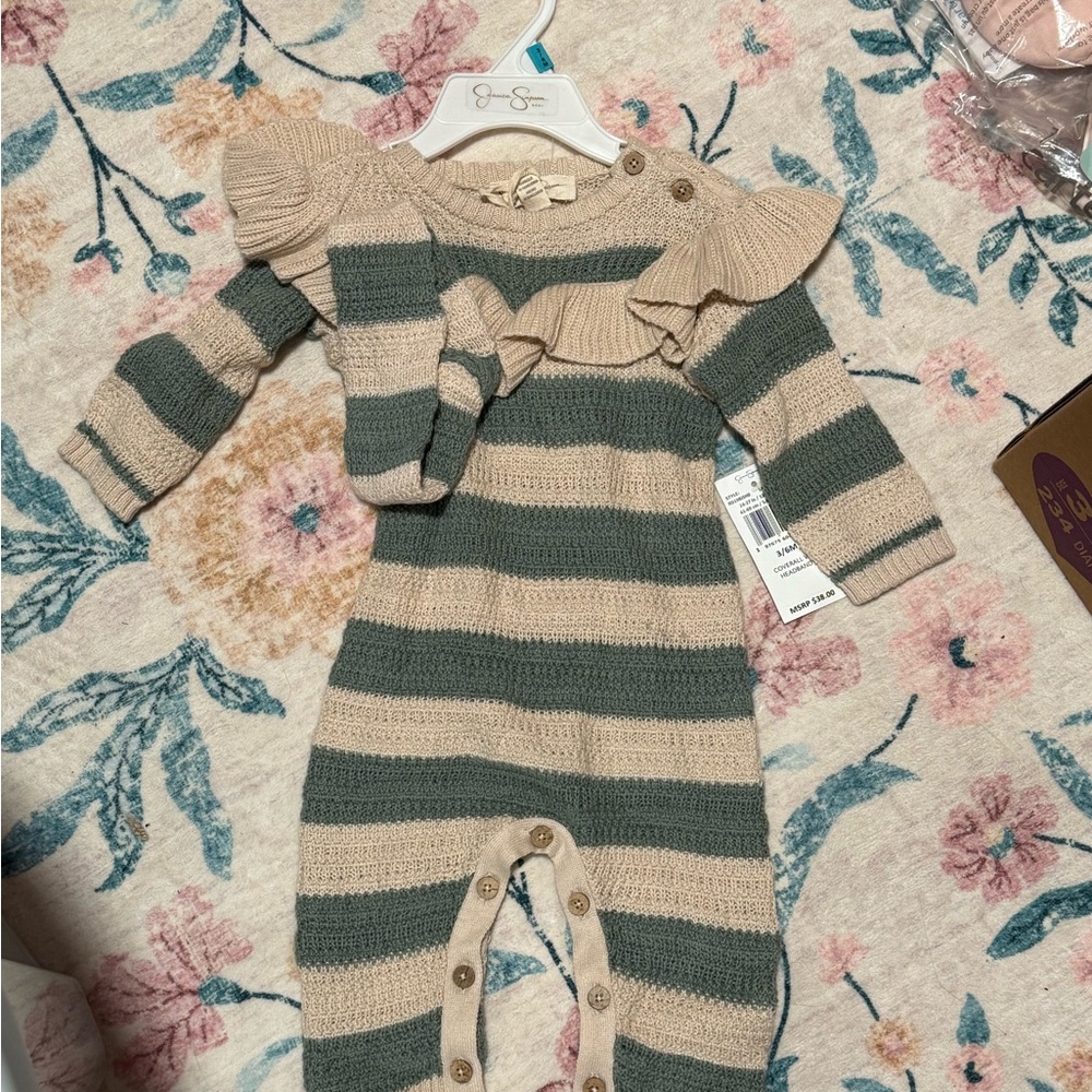Jessica Simpson Green and Cream Striped Kids Bodysuit